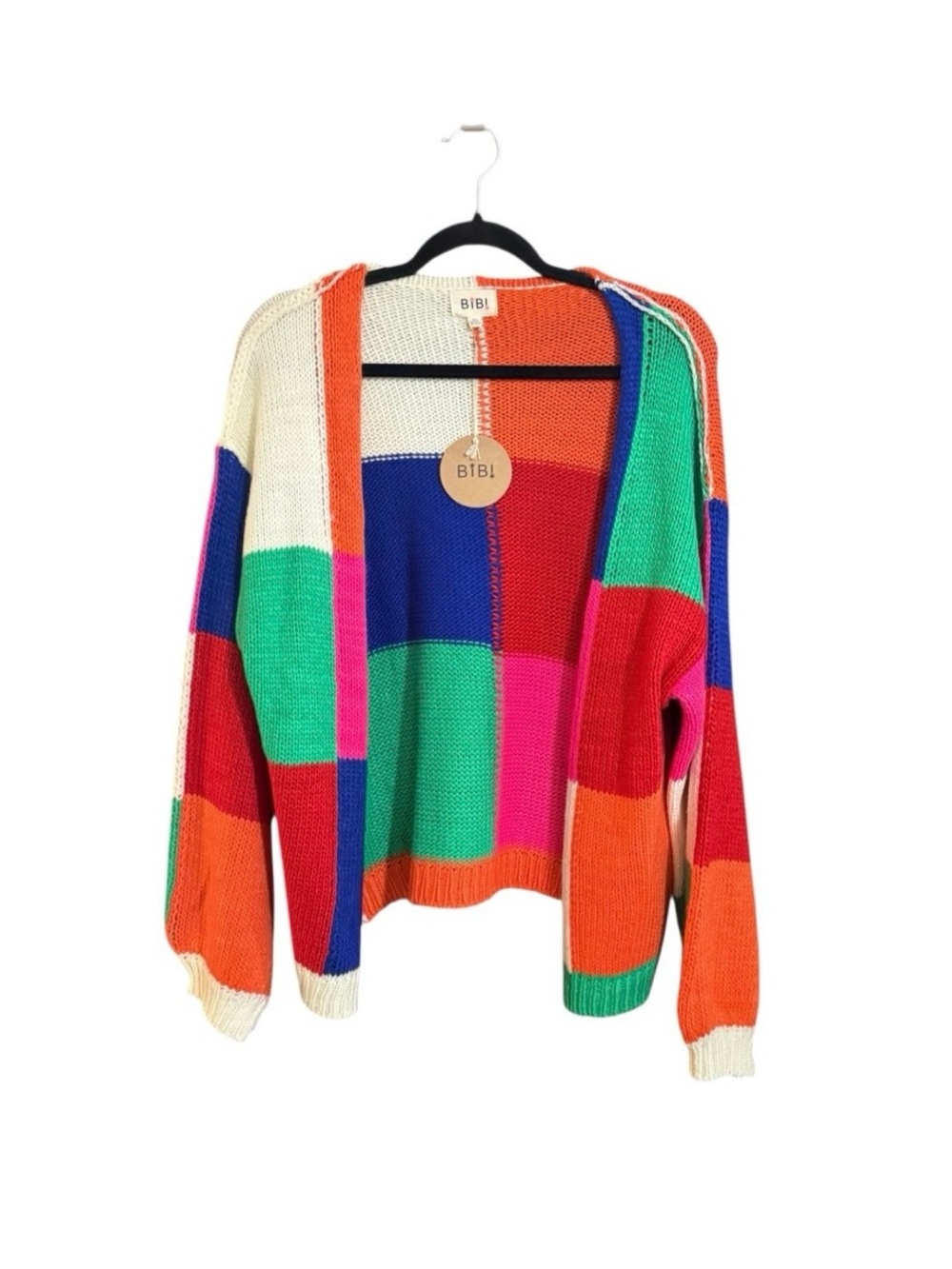 NWT BiBi Colorful Patchwork Colorblock Open Front Knit Cardigan Sweater XL